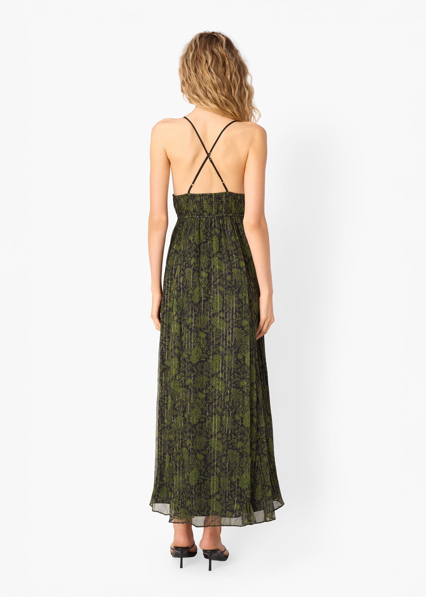 Robe en mousseline métallisée Dorinda à motif cachemire forestier