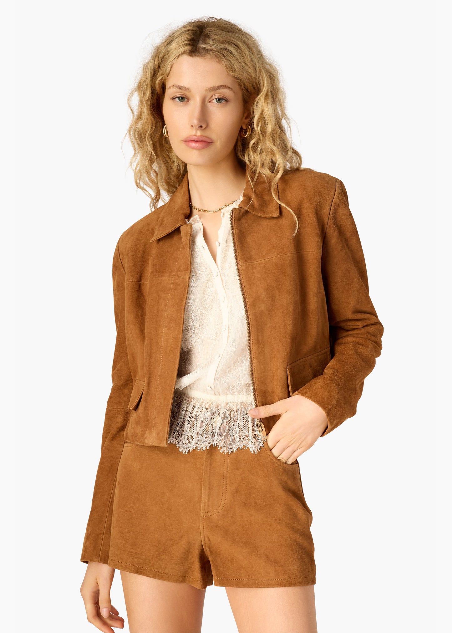 Veste courte en daim Sullivan Cognac