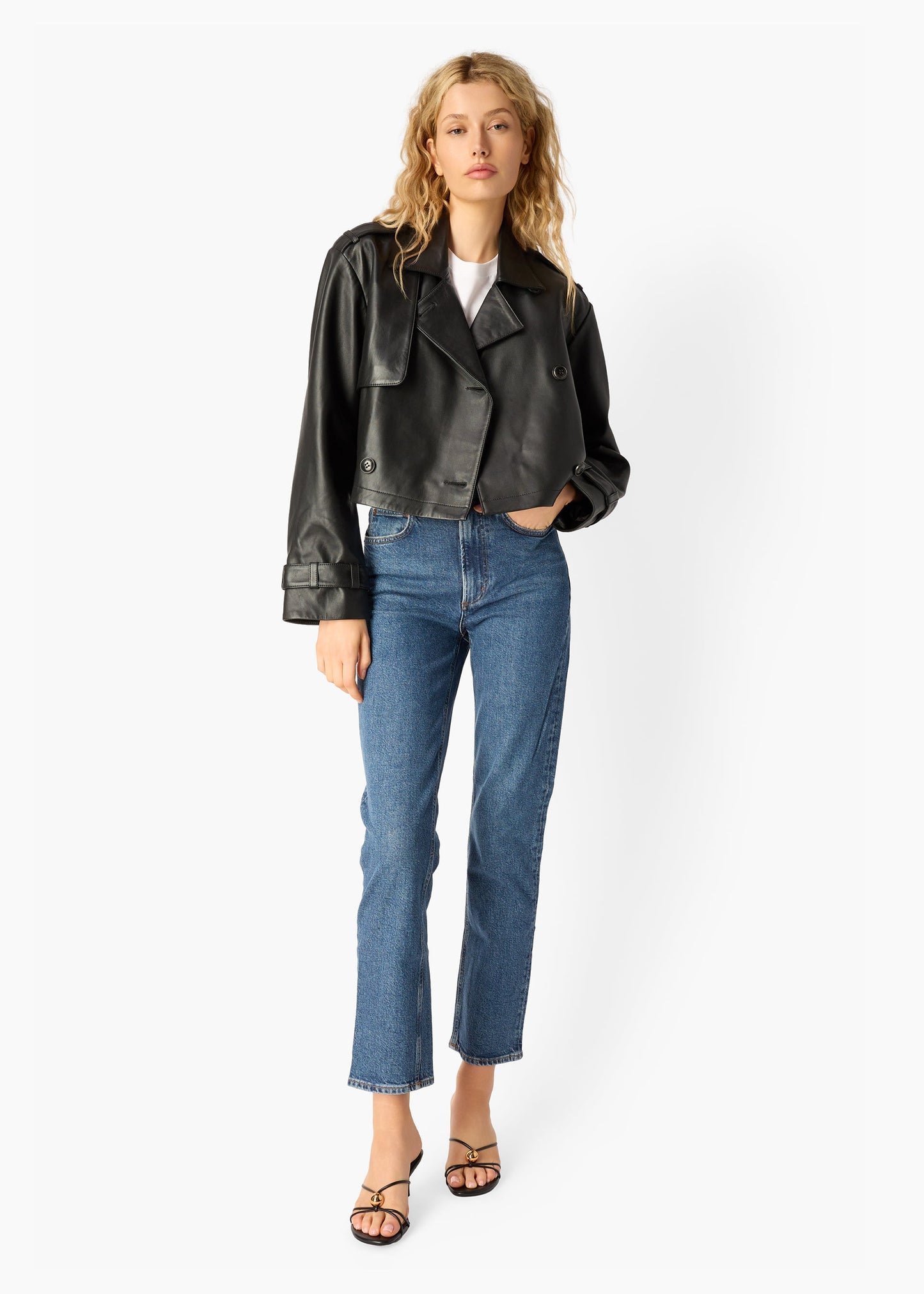 Trench court en cuir véritable Saskia noir