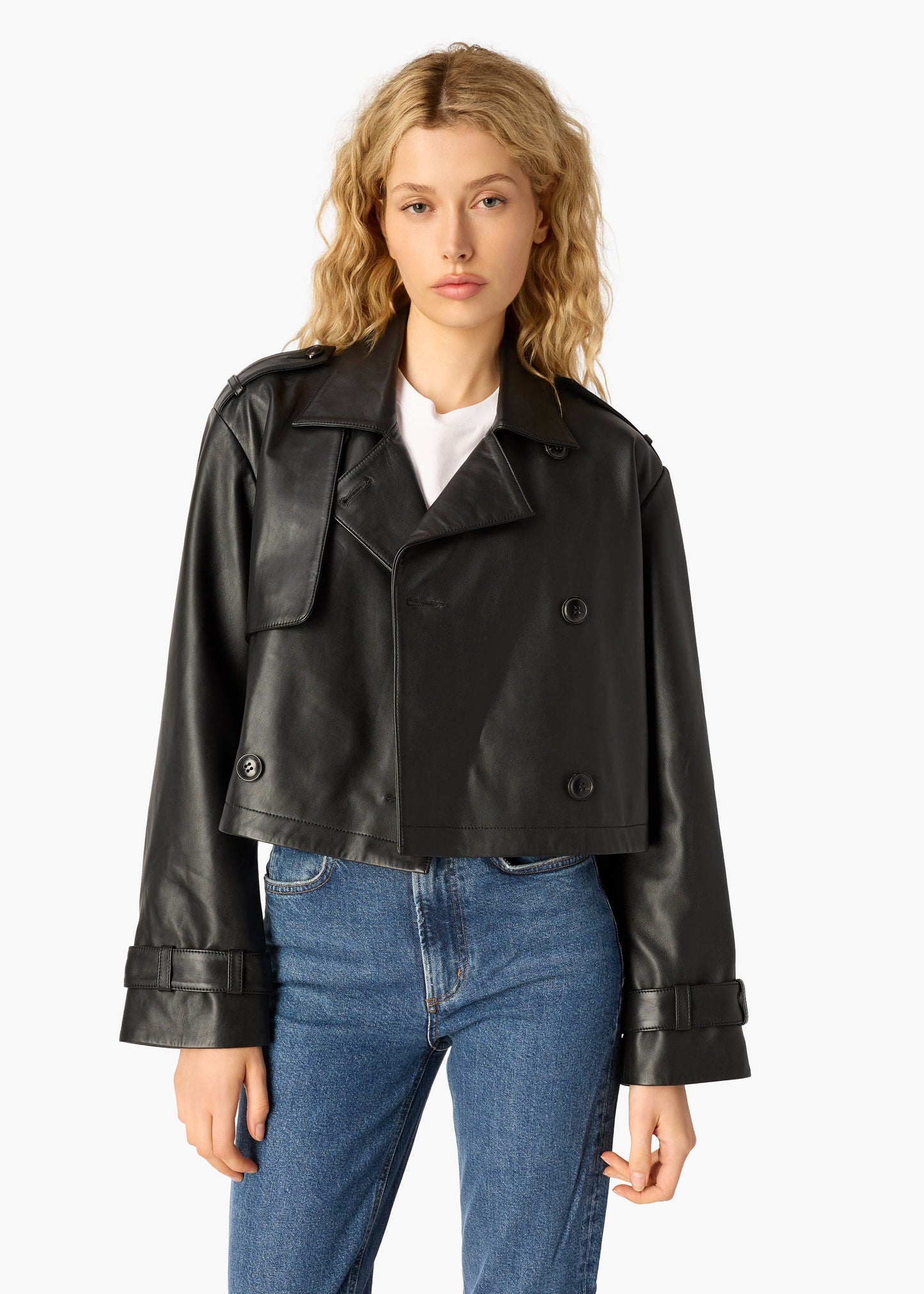 Trench court en cuir véritable Saskia noir