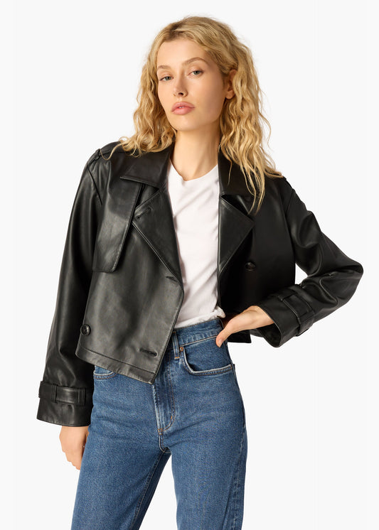 Trench court en cuir véritable Saskia noir