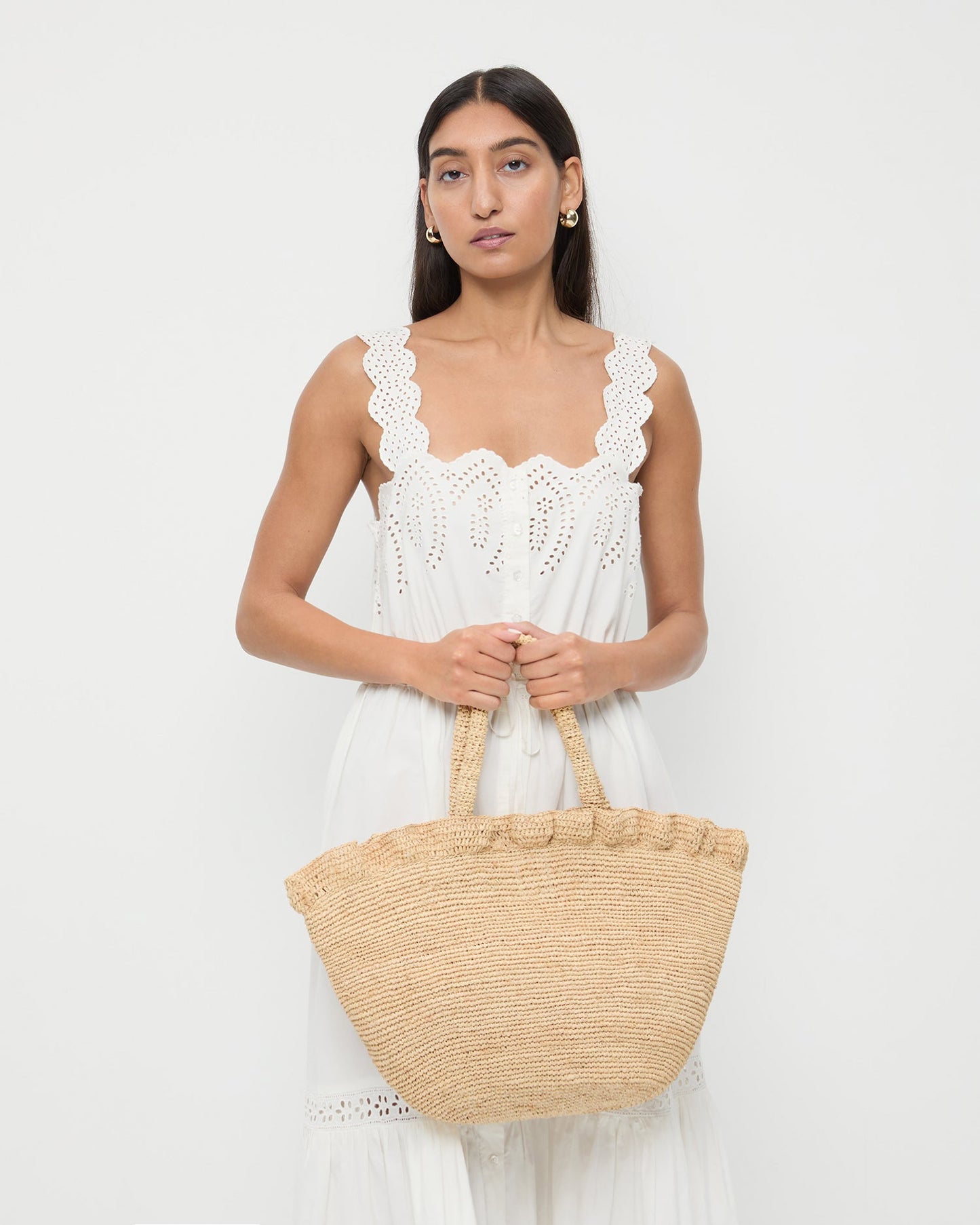 Sac fourre-tout tissé à volants naturel Cyrus