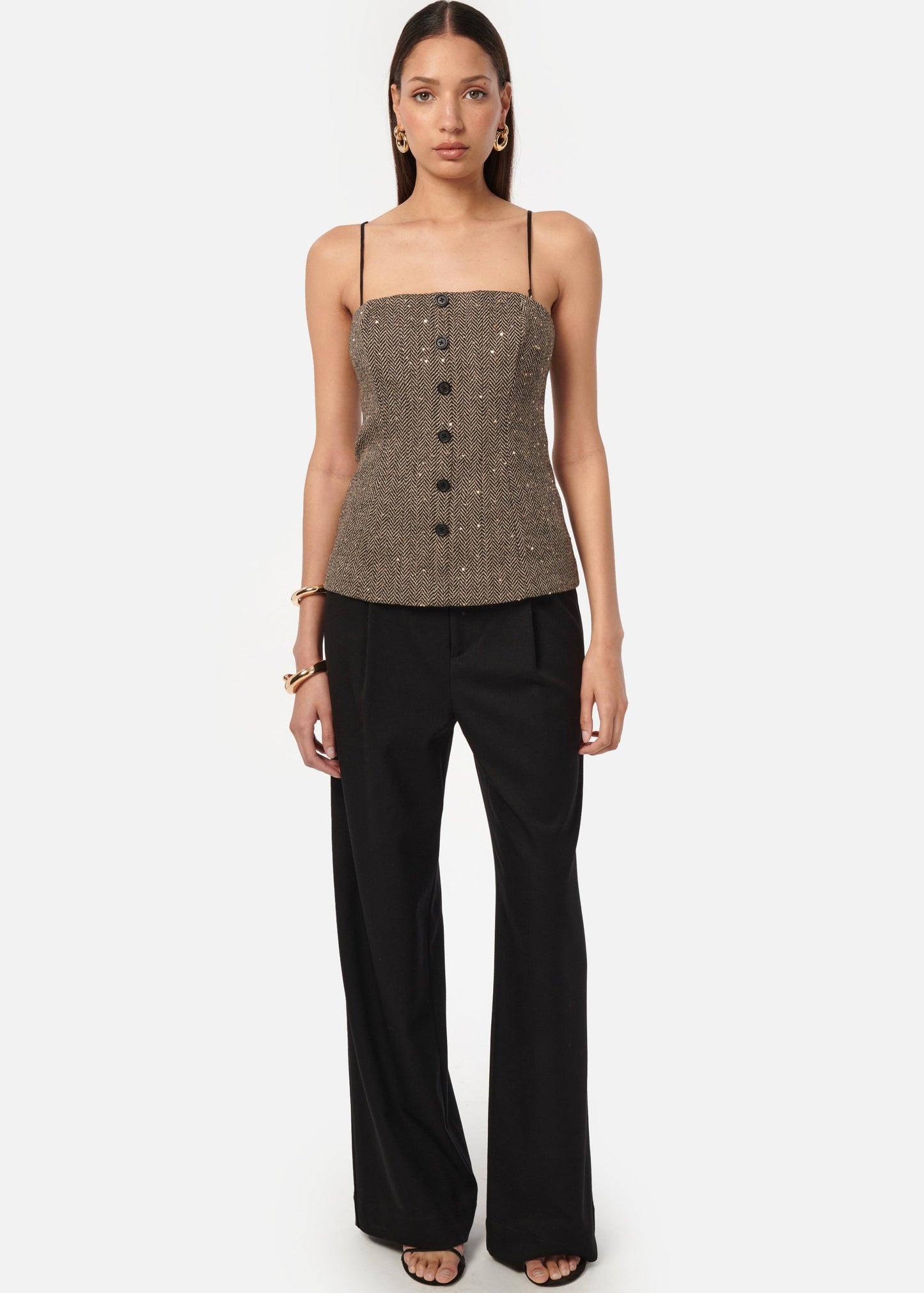 Haut en tweed à sequins Elliot noir et beige
