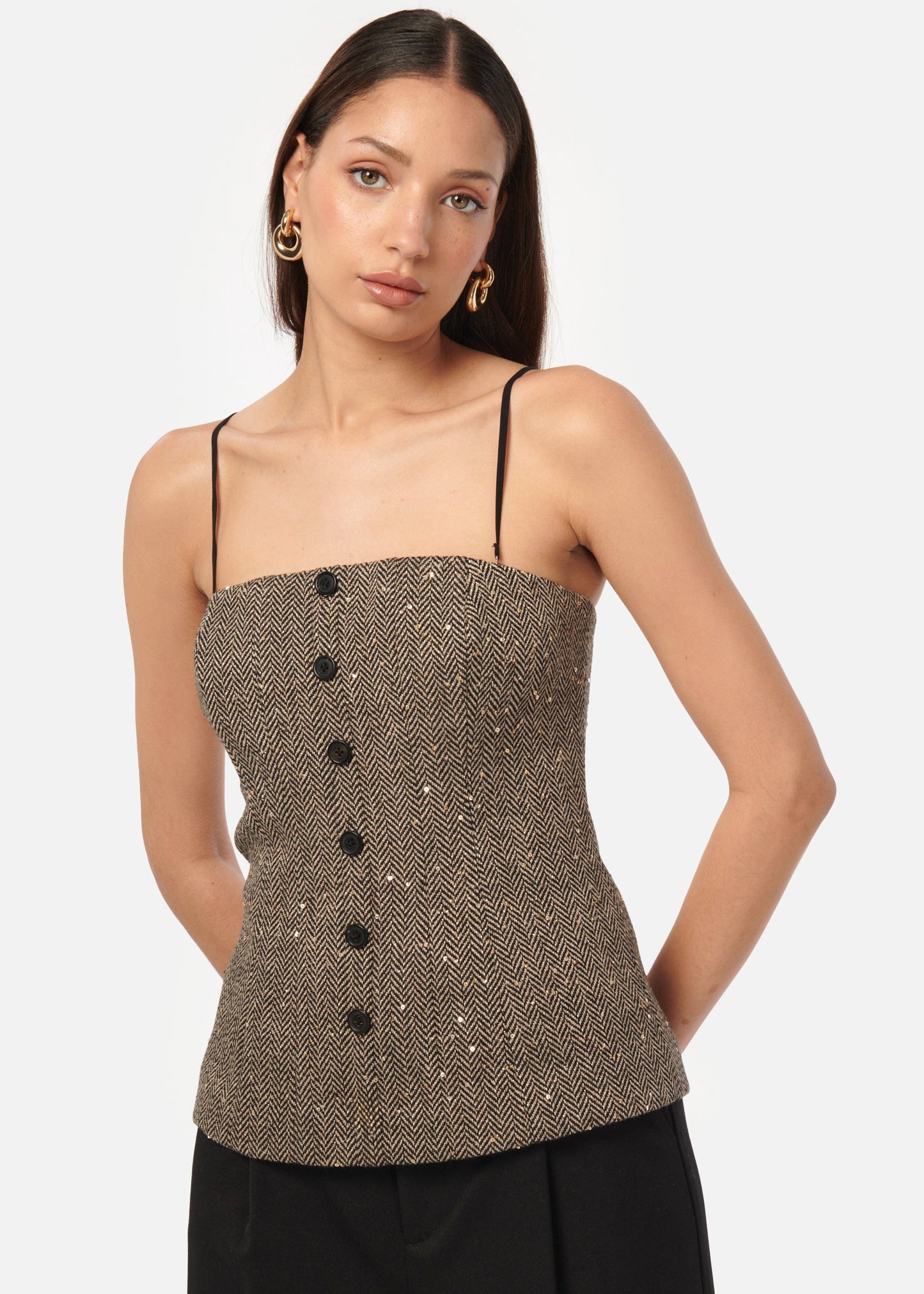 Haut en tweed à sequins Elliot noir et beige