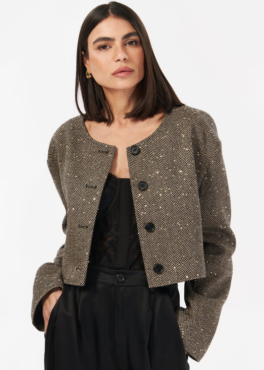 Veste courte en tweed à sequins Serrano noir et beige