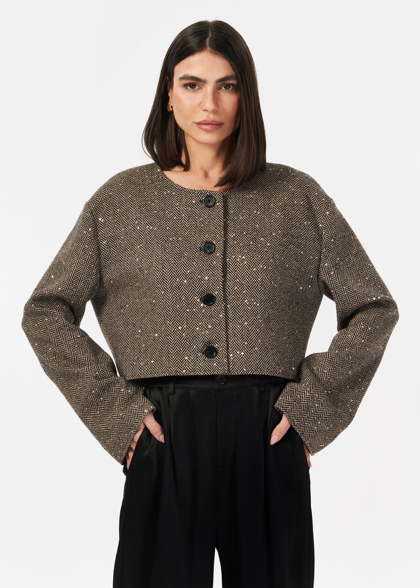 Veste courte en tweed à sequins Serrano noir et beige