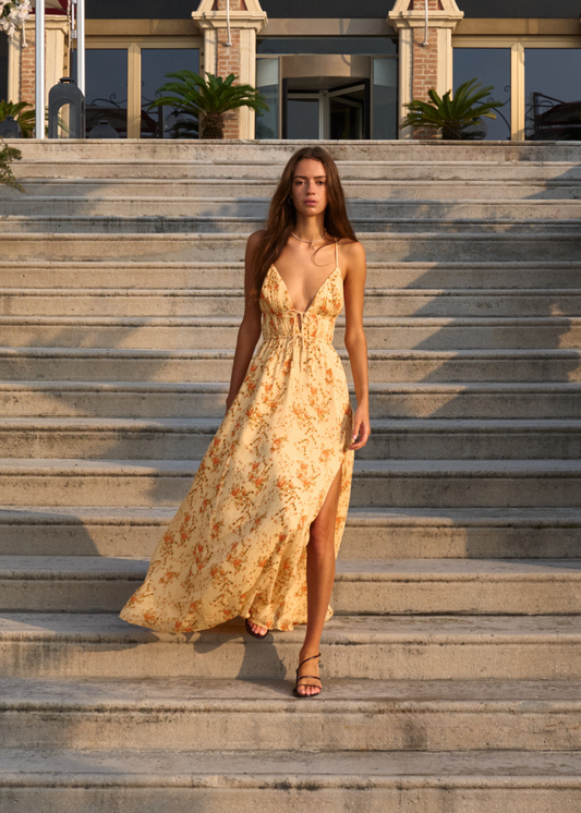 Robe longue en mousseline froissée Dorinda Golden Hour