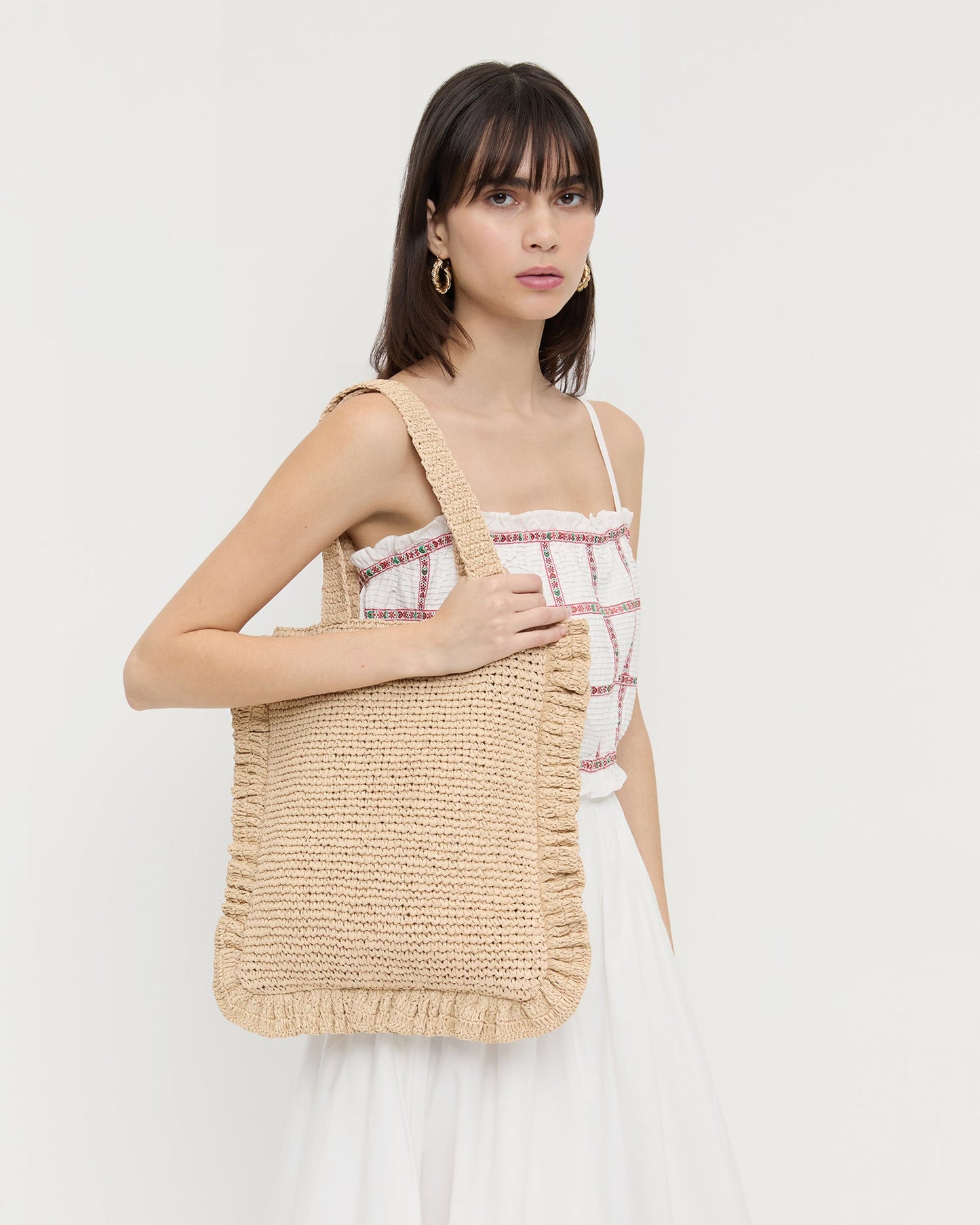 Sac fourre-tout à volants en crochet naturel Justine