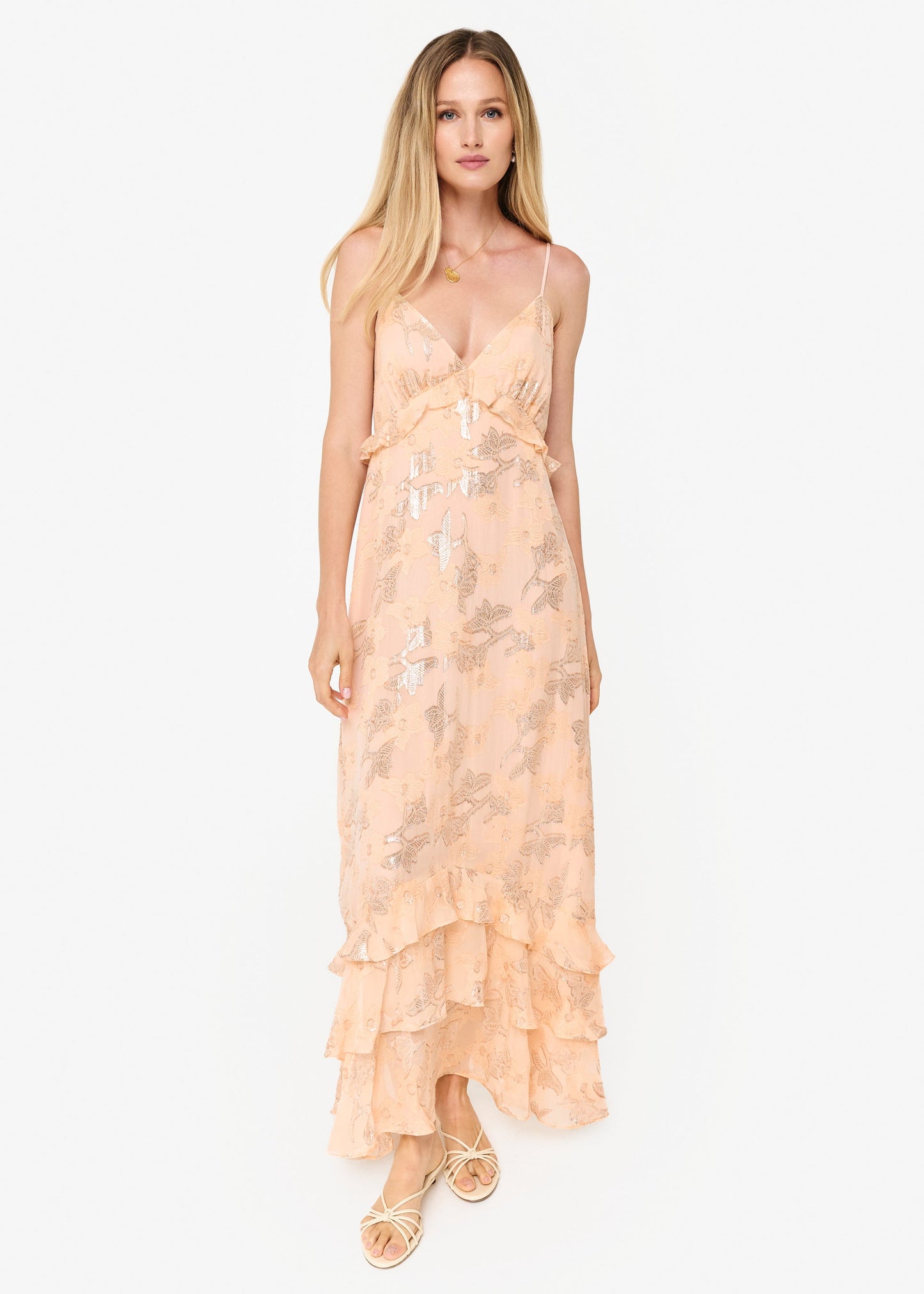 Robe en mousseline métallisée Esmeralda pêche clair