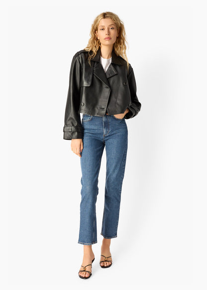 Trench court en cuir véritable Saskia noir