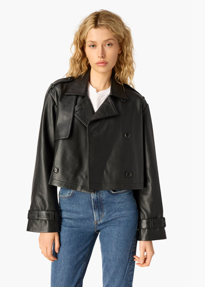 Trench court en cuir véritable Saskia noir