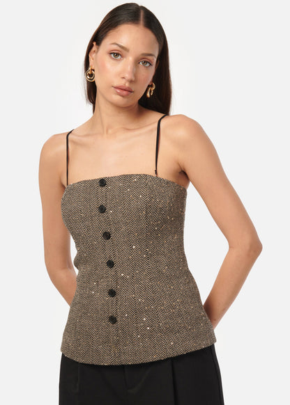 Haut en tweed à sequins Elliot noir et beige