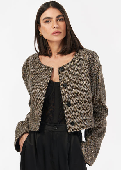 Veste courte en tweed à sequins Serrano noir et beige