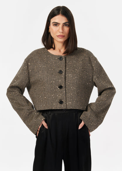 Veste courte en tweed à sequins Serrano noir et beige