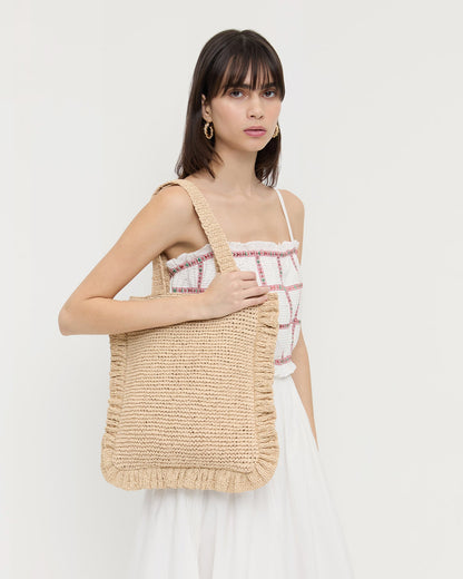 Sac fourre-tout à volants en crochet naturel Justine