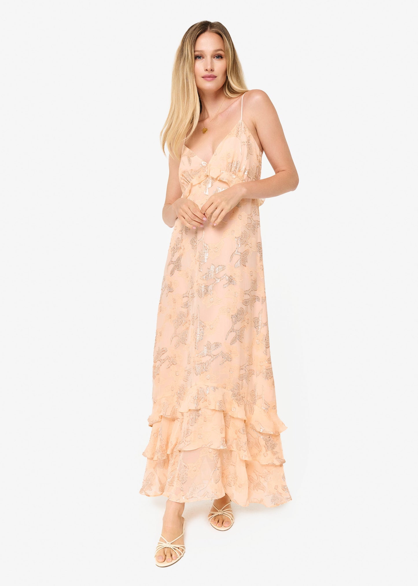 Robe en mousseline métallisée Esmeralda pêche clair