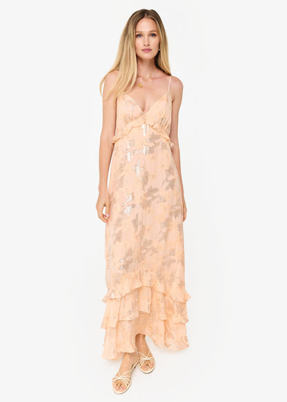 Robe en mousseline métallisée Esmeralda pêche clair